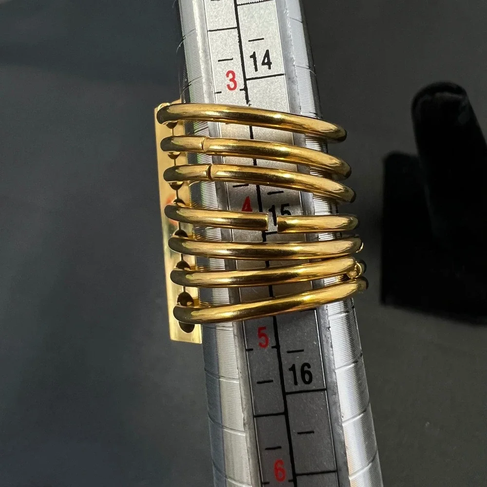 Gold Tone Multi Band Cage Ring Mother of‎ Pearl Inlay Rectangular Bar Size 4.5